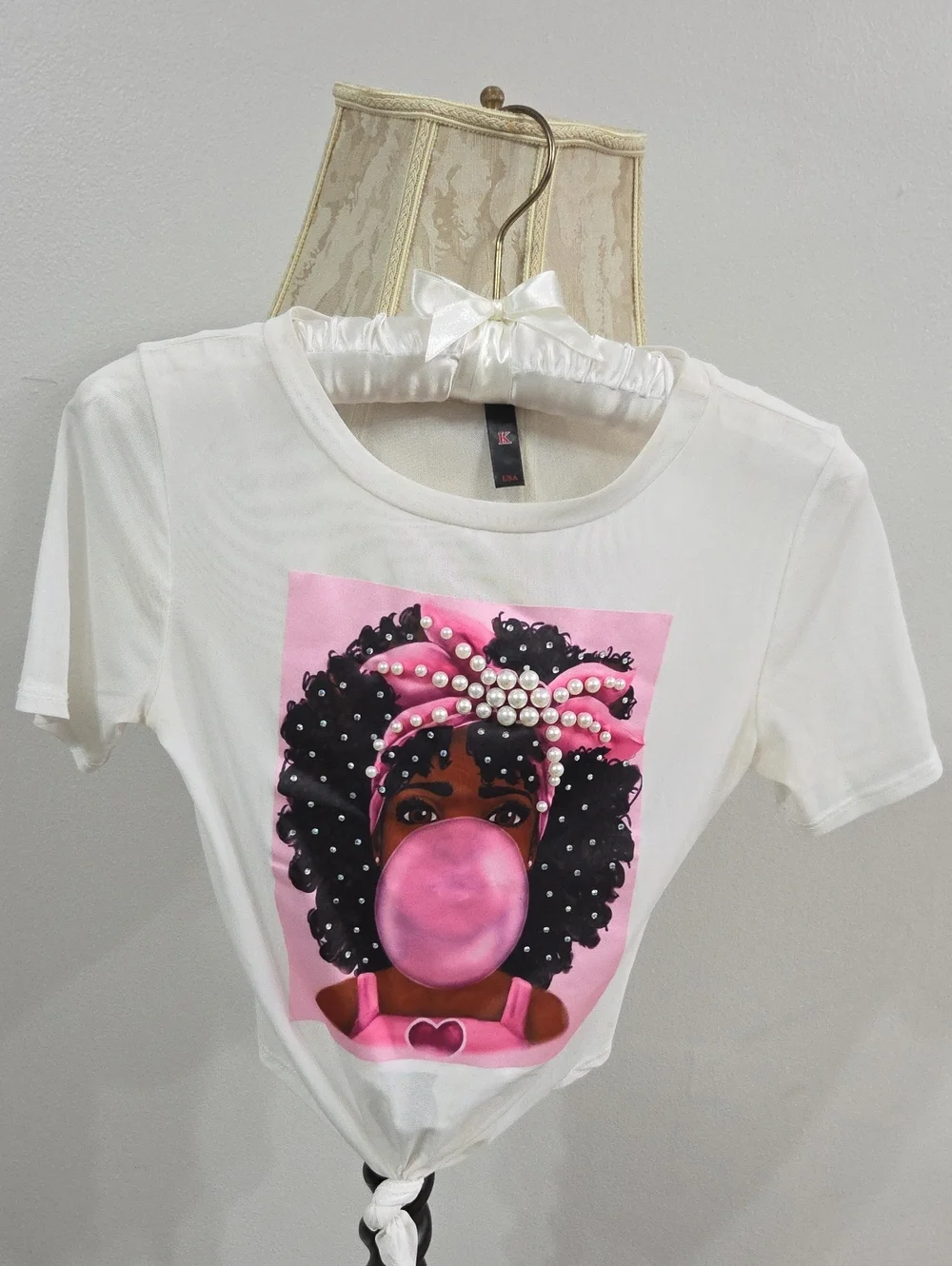White Graphic Tee with Pink Bubblegum Girl Print - Picture 1 of 2